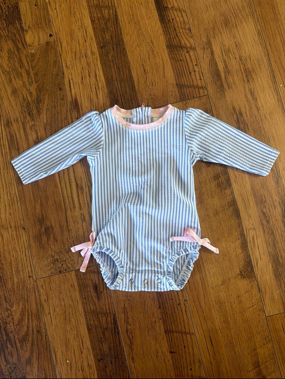 Ruffle Butts Blue and Pink Striped Long-Sleeve One-Piece